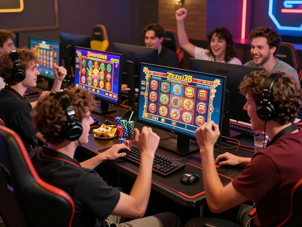 Players celebrating a big win on the Zeus138 online slot platform surrounded by game accessories and excitement.