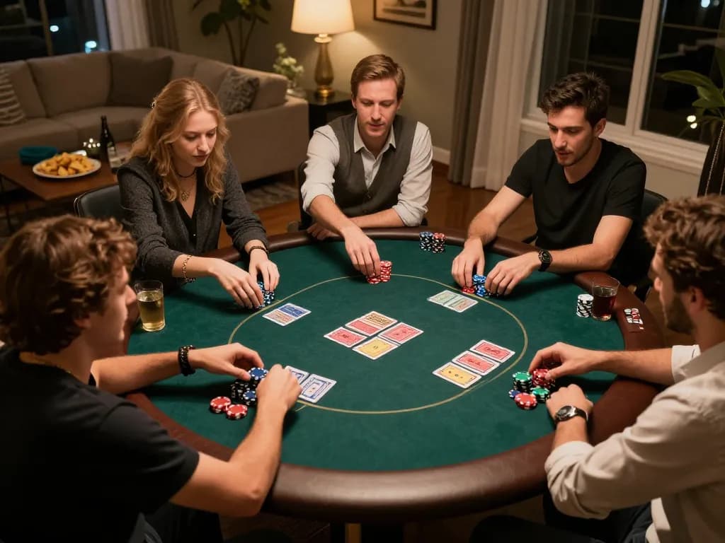 Engaging in a strategic đăng ký for online poker session with friends at home, capturing the thrill of gambling.