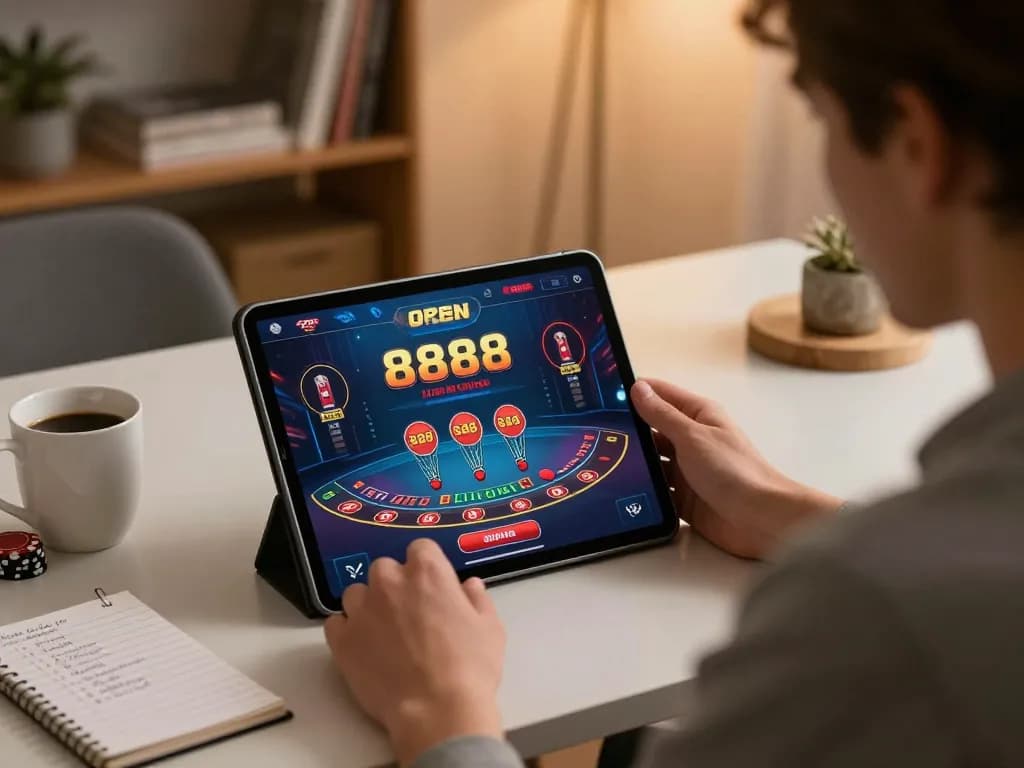 Engaging player strategizing with open888 on tablet for an exciting online blackjack session.