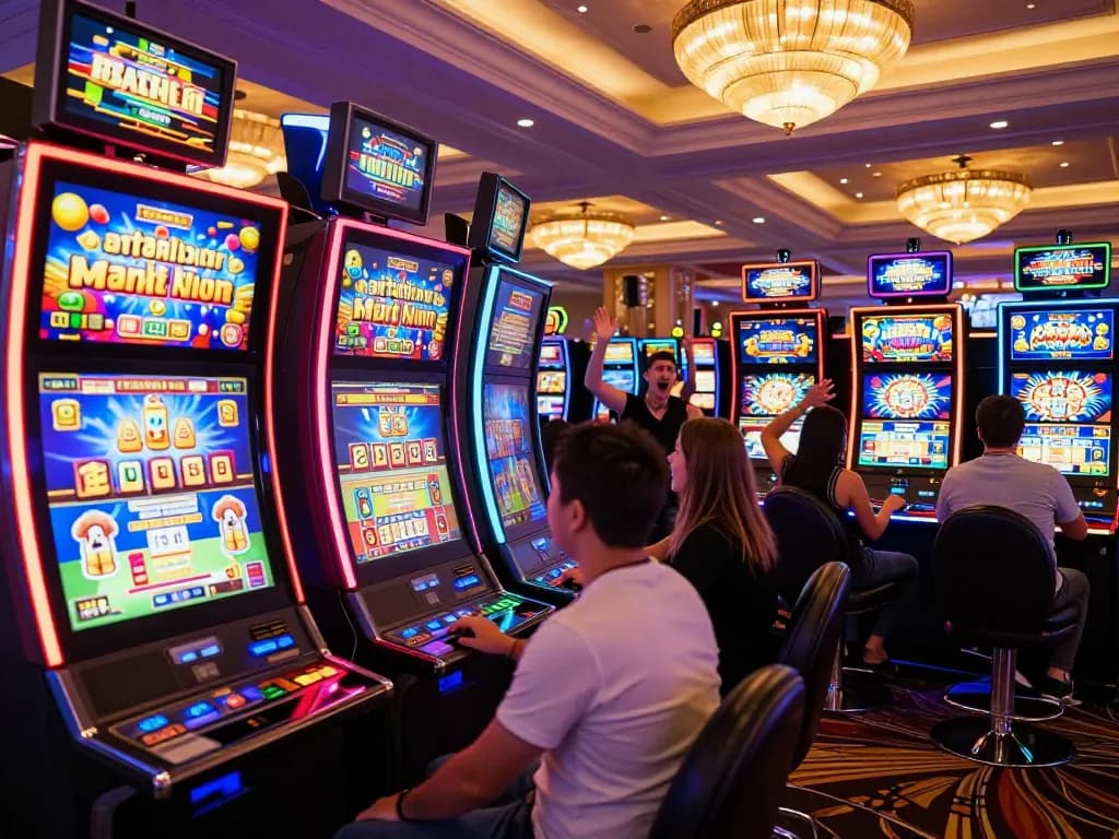 A lively slot machine area in a casino with players enjoying vibrant games and celebrating wins.