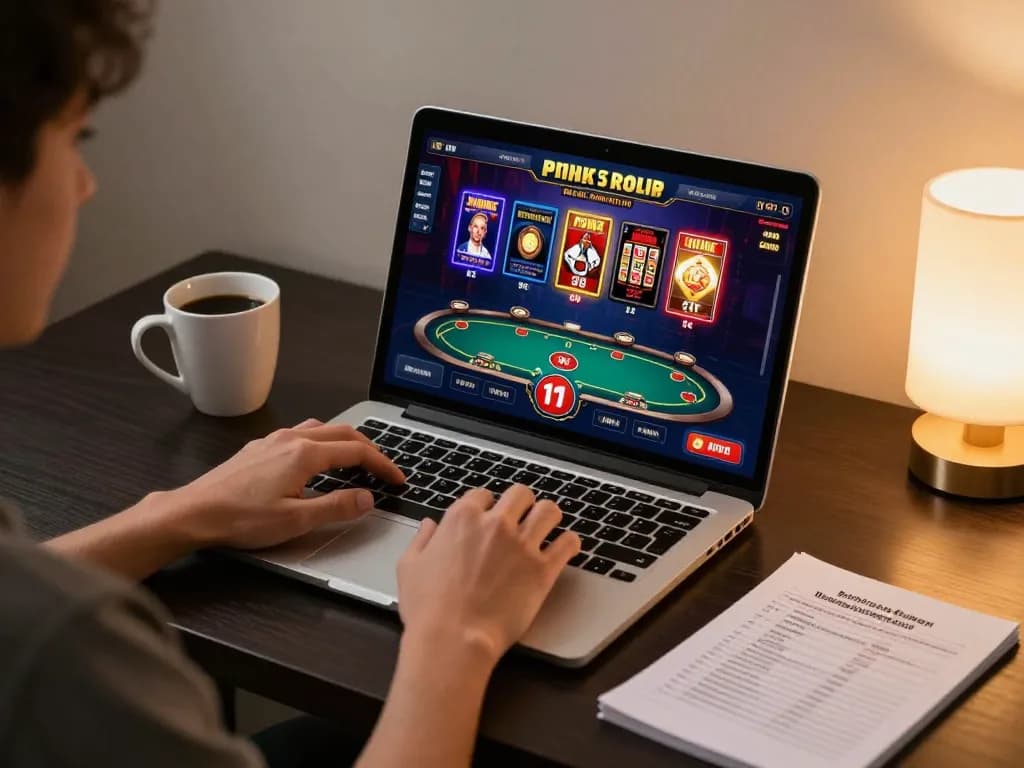 Player engaging in MM88 online casino gaming while tracking bankroll in a cozy home setting.