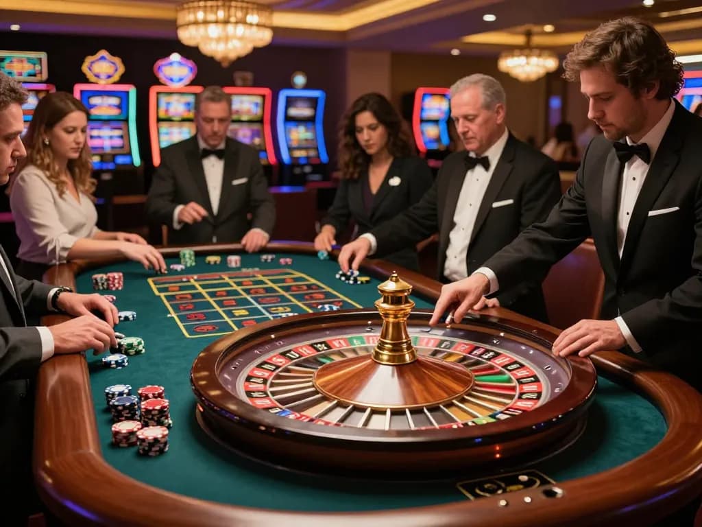 Engaged players at the vk88 casino roulette table placing bets, excitement fills the air
