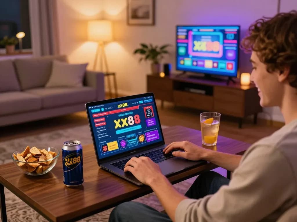 Engaging in exciting online gaming at xx88 with a laptop, showcasing colorful casino interface