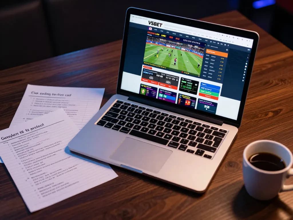 VSBET online sports betting setup with laptop displaying live odds and notes on strategies.