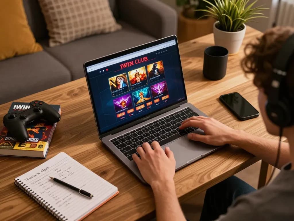 IWIN CLUB app interface displayed on gaming laptop with strategy notes and cozy decor