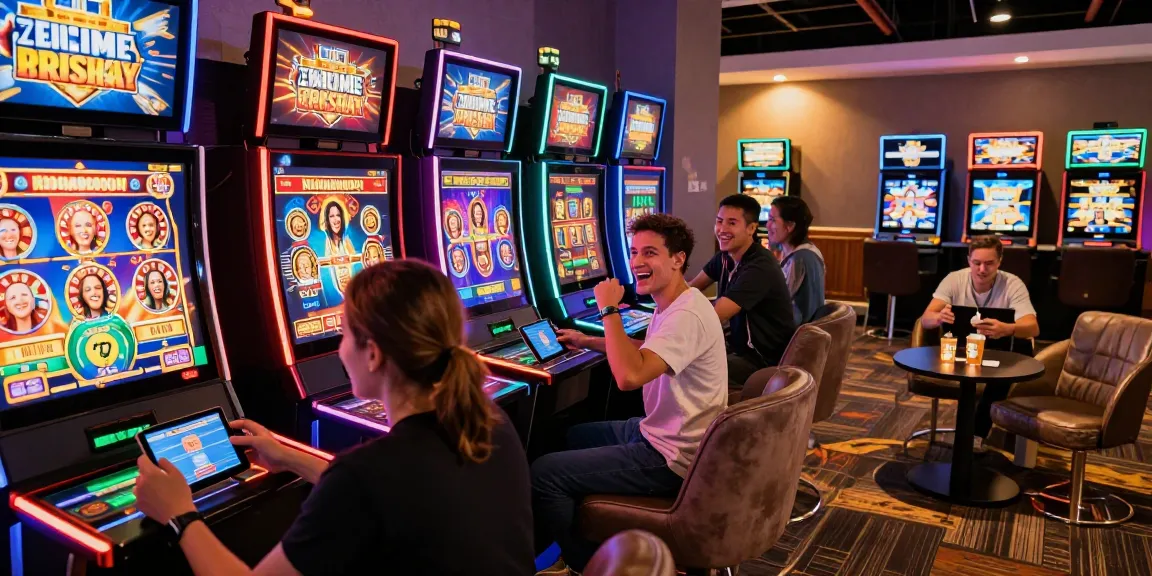 Players enjoying new online casinos in a lively gaming environment with smartphone games and vibrant lights.