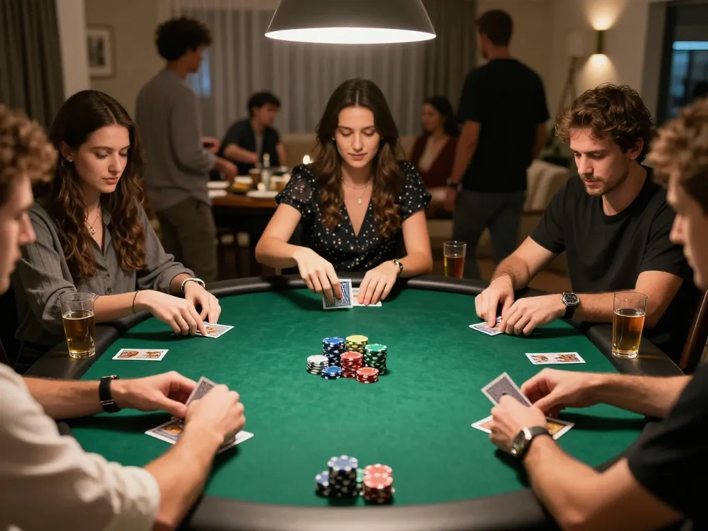 luck8 players engaged in a friendly poker game, showcasing strategic gameplay and social interaction.
