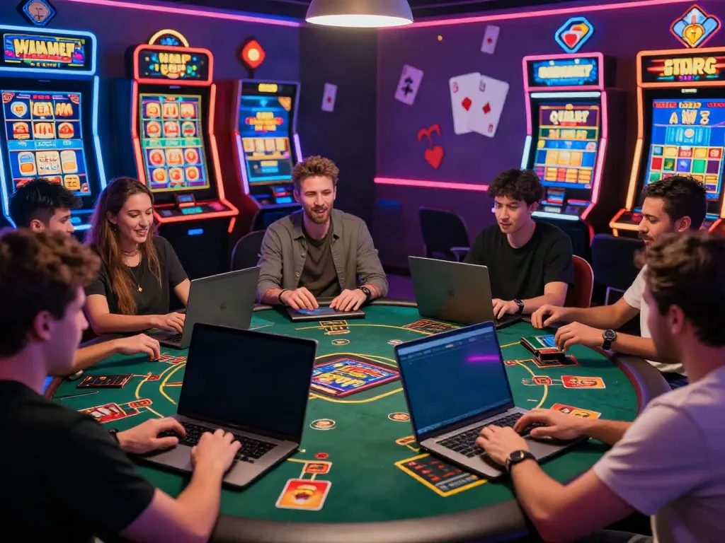 Online gambling players enjoying akunjp games in a vibrant virtual setting.
