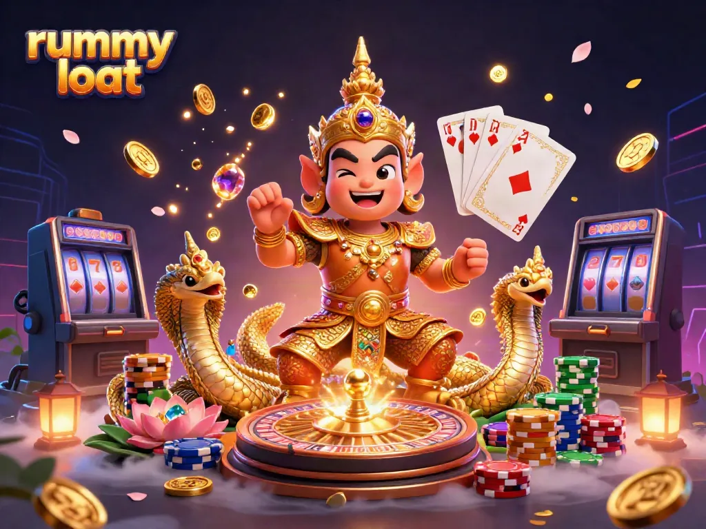 Engage with rummy loot as detailed characters and festive gaming elements create a vibrant online gambling scene.