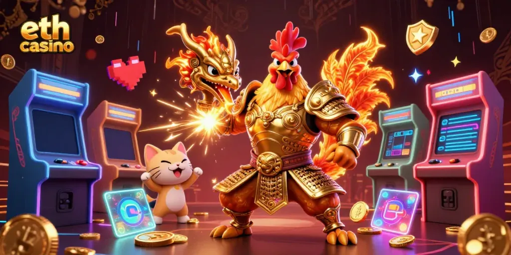 Engage with eth casino's vibrant world featuring a rooster warrior and dragon in a lively casino scene.