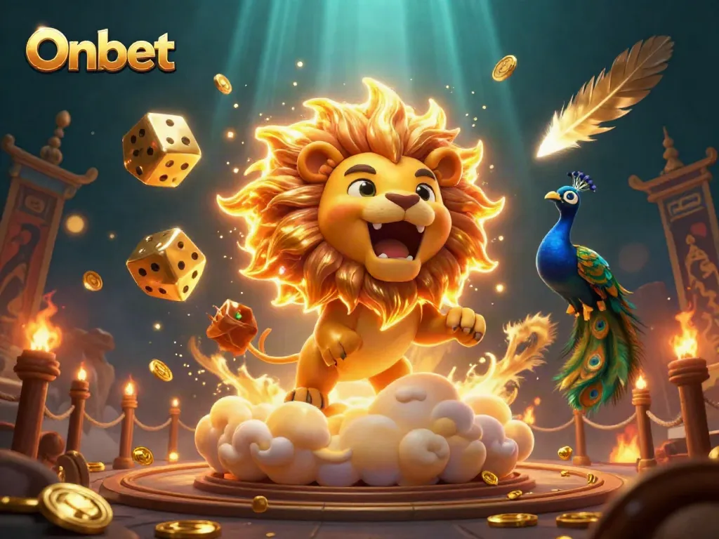 Engage in thrilling Onbet gameplay with a lion surrounded by dynamic casino elements and golden dice.