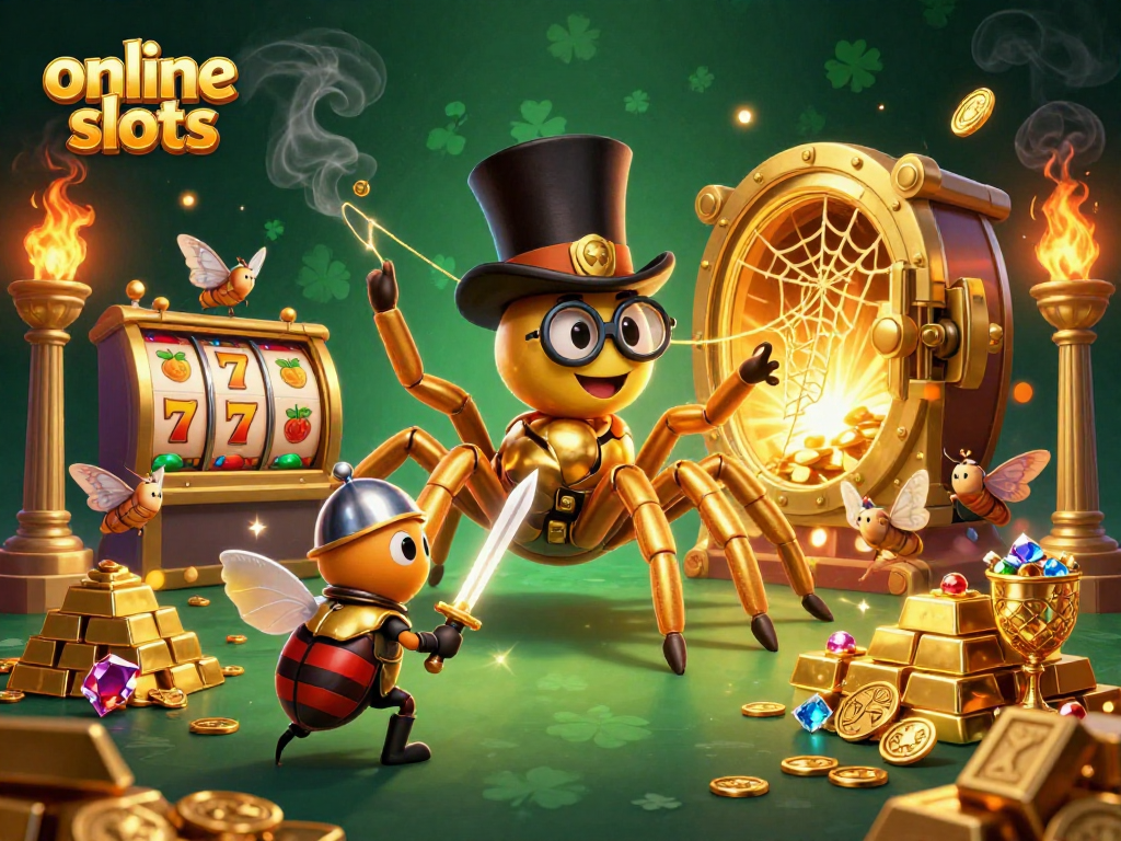 Engage with exciting online slots through a vivid illustration of a golden tarantula and beetle knight.