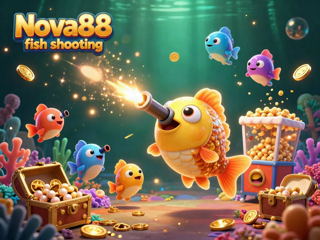 Engage in Nova88 fish shooting with an exciting underwater scene featuring colorful cannon action.