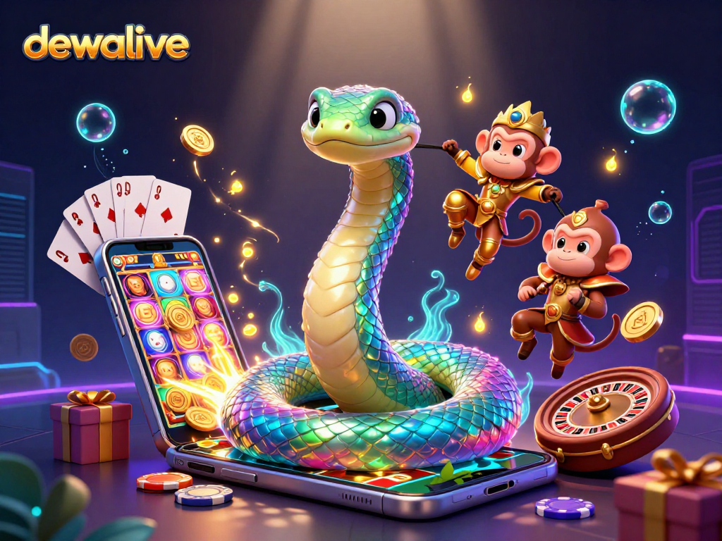 Dewalive menghadirkan permainan slot dengan simbol berkilau, dikelilingi karakter menarik dalam ilustrasi fantastik.