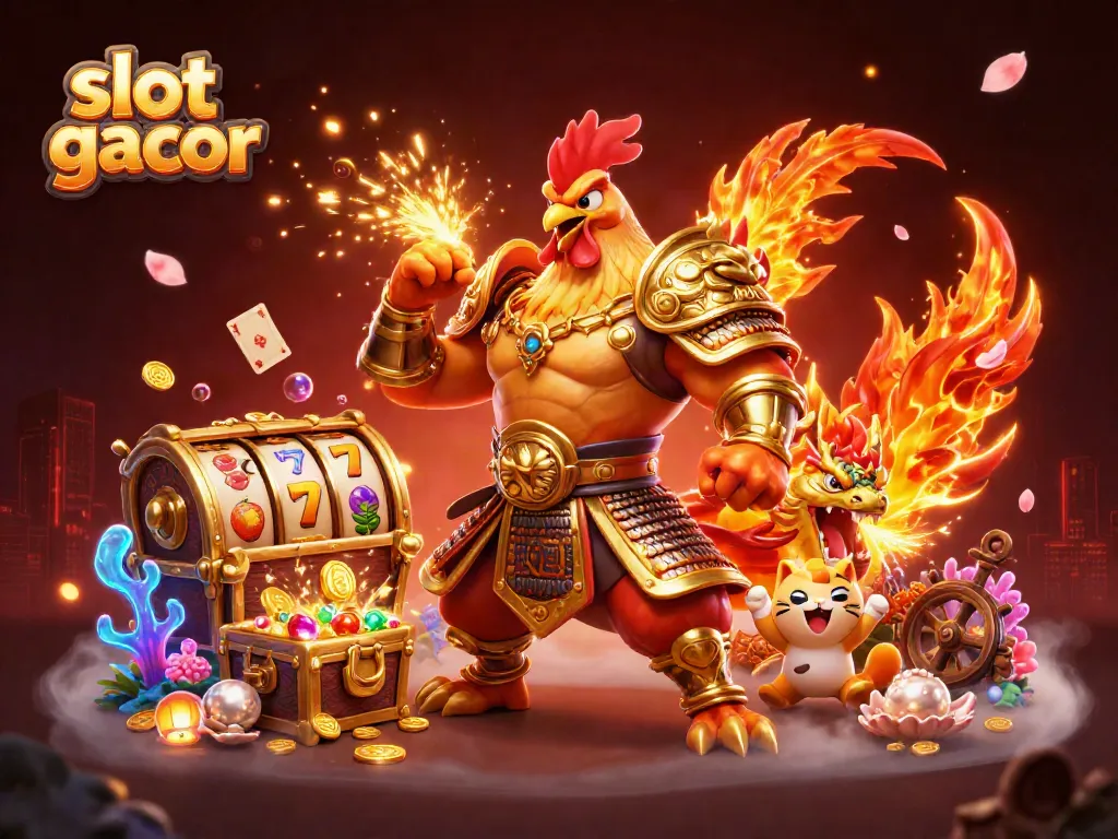 Slot gacor dengan petarung ayam dan naga berani, mengelilingi harta karun dan simbol permainan.
