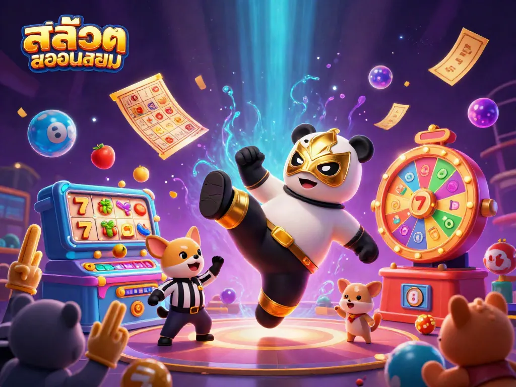Experience the excitement of สล็อตยอดนิยม with a dynamic scene of a wrestler panda, lottery elements, and vibrant colors.
