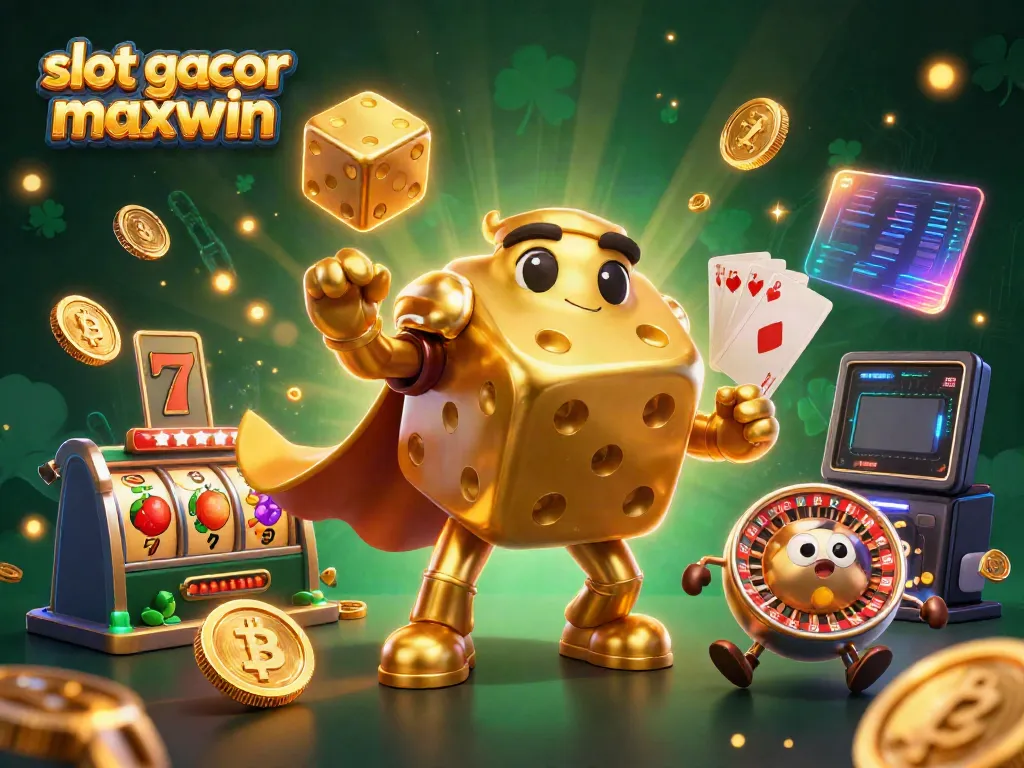 Mainkan slot gacor maxwin di arena kasino yang menampilkan karakter 3D berwarna emas dan elemen permainan menarik.