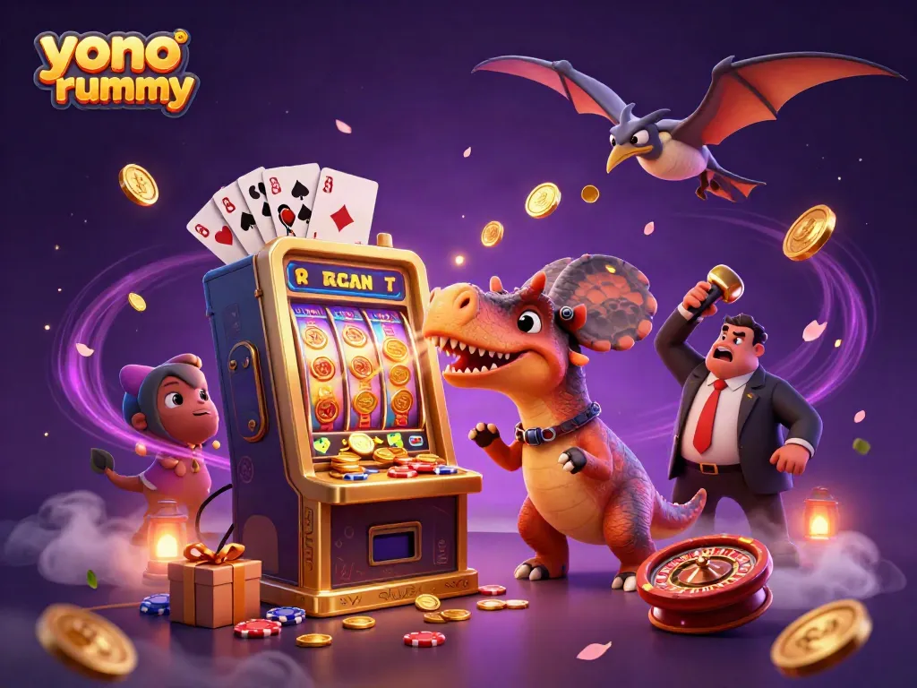 Yono Rummy menampilkan pachycephalosaurus yang bermain slot jackpot dalam suasana kasino yang ramai.