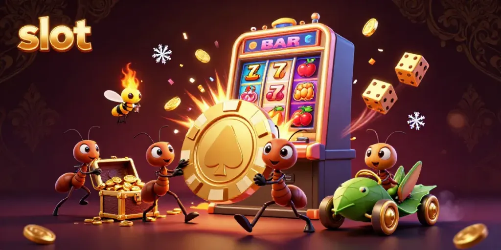 Engaging slot-themed illustration of cartoon ants heist with casino elements, vibrant and dynamic scene.