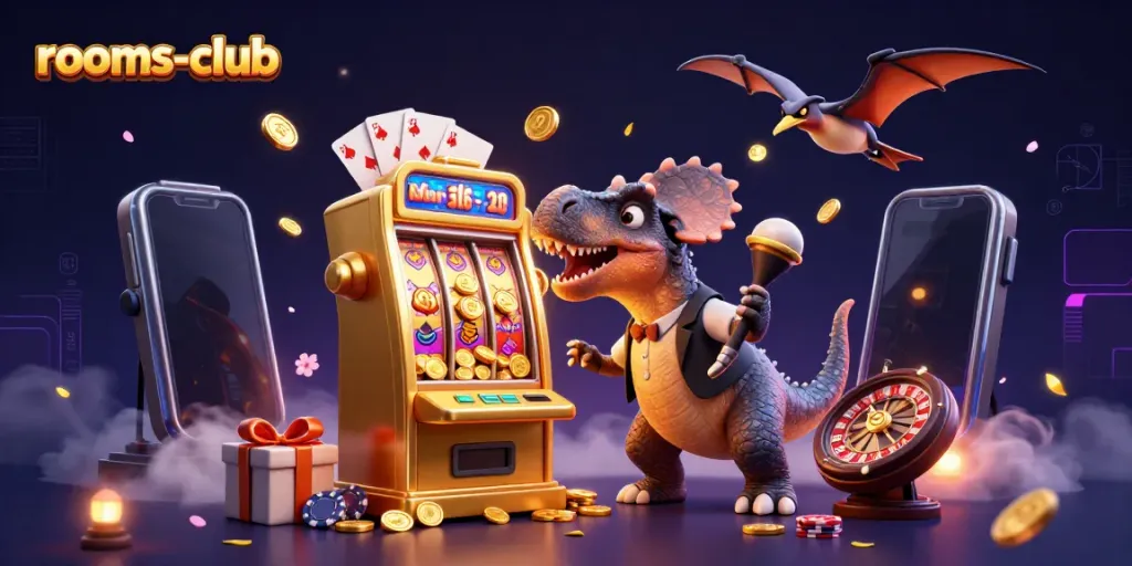 Koin jackpot mesin slot meluncur di rooms-club, dengan dinosaurus beraksi di kasino.