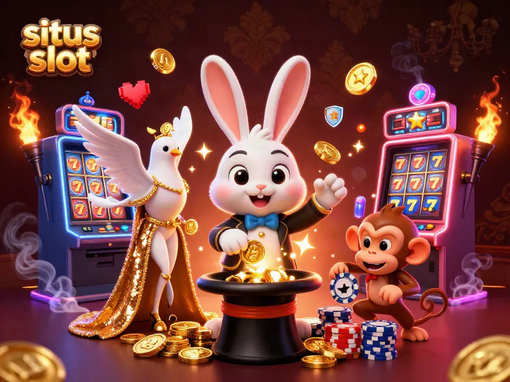 Menangkan permainan di situs slot dengan ilustrasi 3D menarik yang menampilkan karakter unik dan mesin slot bersinar.