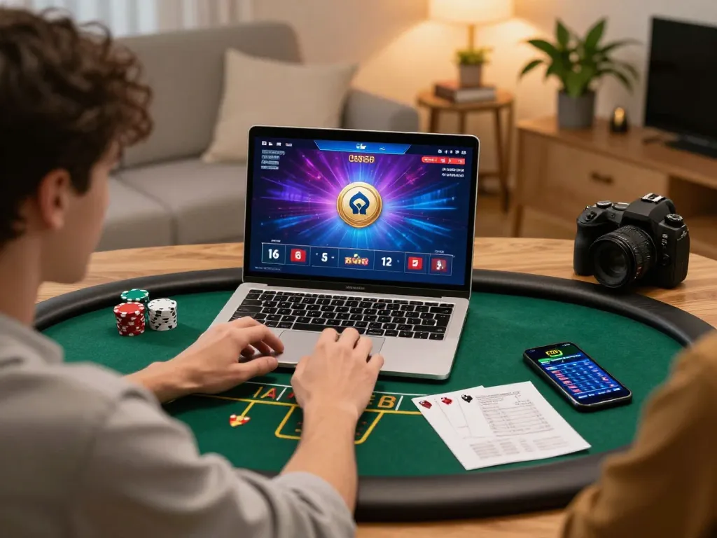 Engaging poker session using open888 with laptop displaying game winnings and strategic notes.