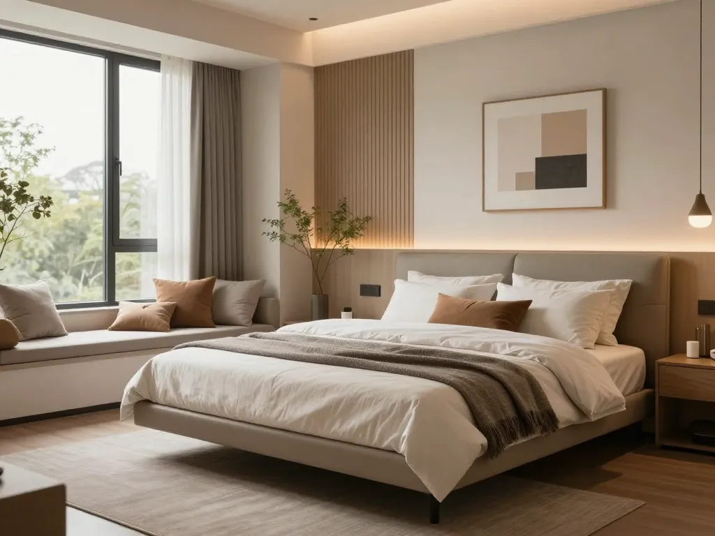 A stylish floating bed design featured in a serene modern bedroom, highlighting contemporary decor elements and natural lighting.