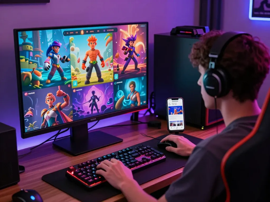 Engaging player exploring porngames on computer in cozy gaming nook.