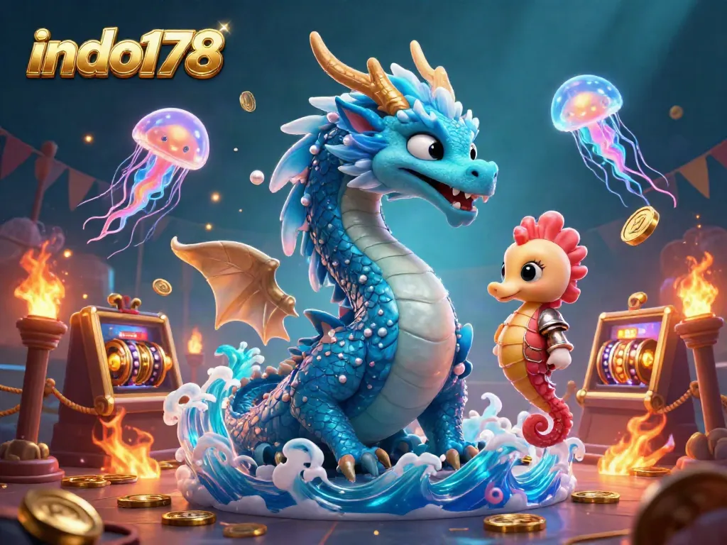 Spin the reels at indo178 with an enchanting scene featuring a mystical water dragon, a seahorse knight, and glowing jellyfish.