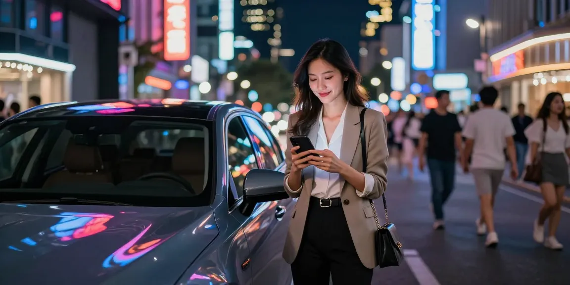 Gái gọi bên xe sang trọng trong không gian thành phố sôi động vào ban đêm