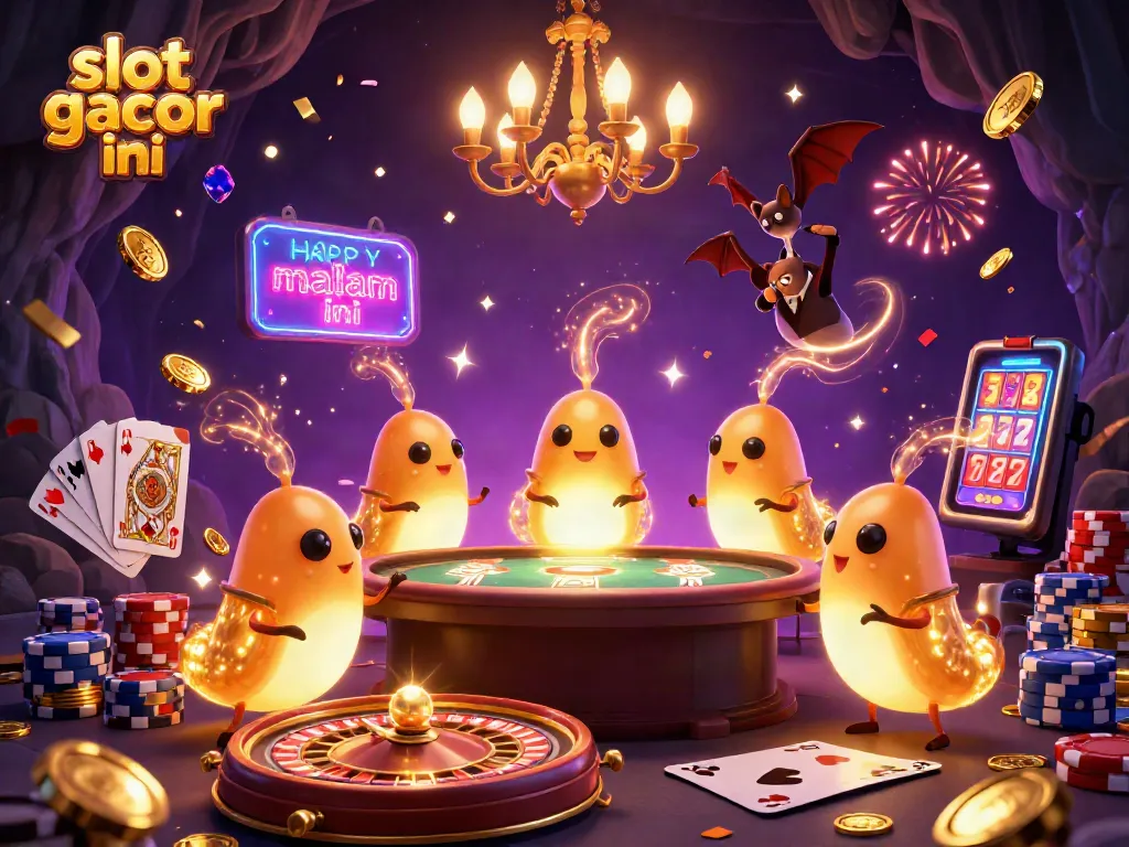 Slot gacor malam ini diilustrasikan dalam kasino gua dengan karakter unik dan elemen gemerlap.