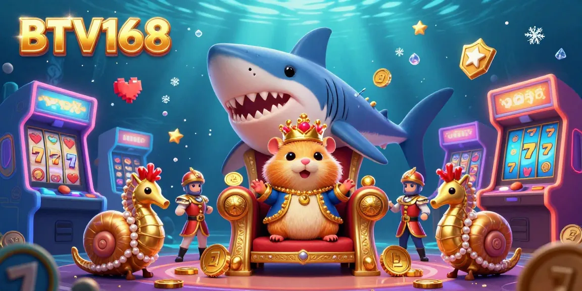 Engage with BTV168 at this vibrant casino scene featuring a golden hamster king amidst colorful game elements.
