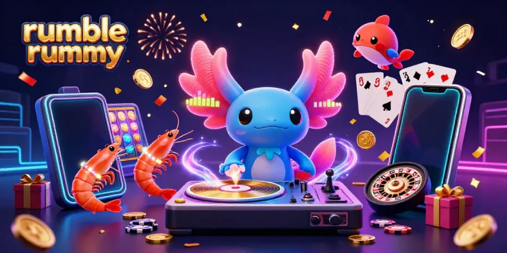 Win big with Rumble Rummy: a vibrant 3D cartoon scene featuring characters DJing with casino elements.