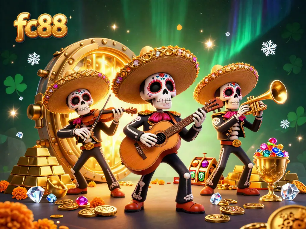 Spin and win with the vibrant fc88 casino scene featuring a mariachi band, gold treasures, and slot reels.