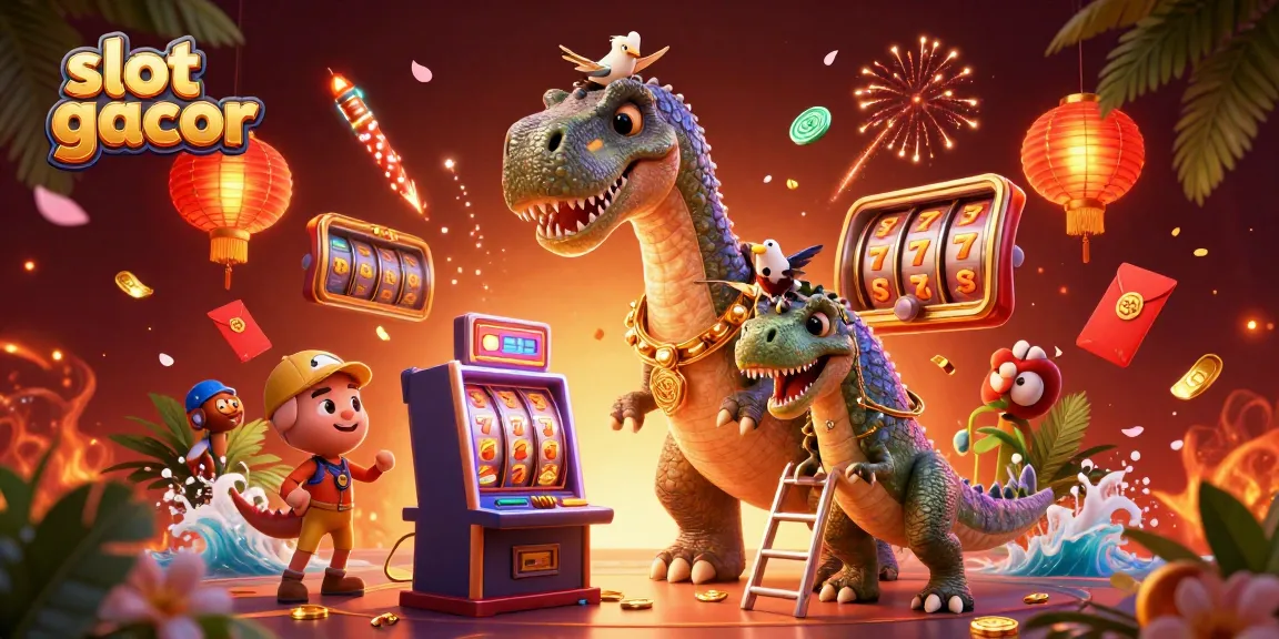 Momen menarik saat bermain slot gacor dengan simbol mesin slot elok dan dinosaurus lucu yang terjun menyemarakkan permainan