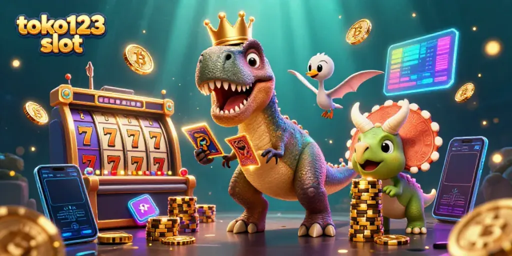 Engage with the vibrant toko123 slot world, where a T-Rex shuffles slot cards, surrounded by animated golden chips, crypto coins, and lottery elements.