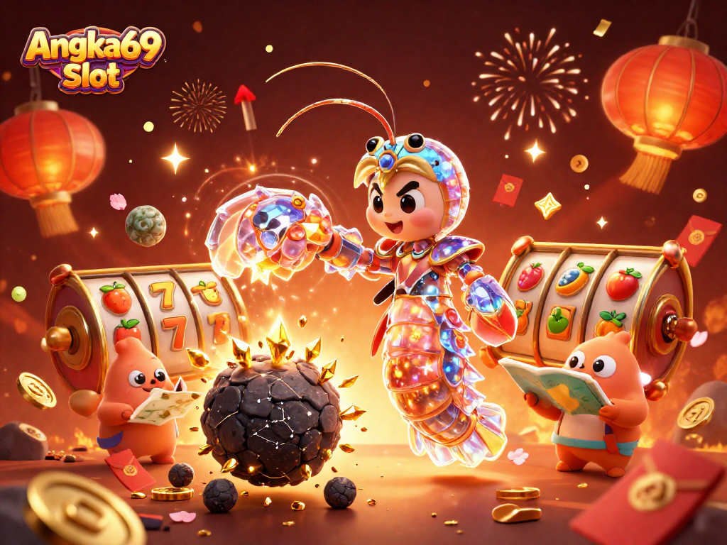Experience Angka69 Slot with vibrant illustrations of golden gems, slot reels, and cheerful characters.