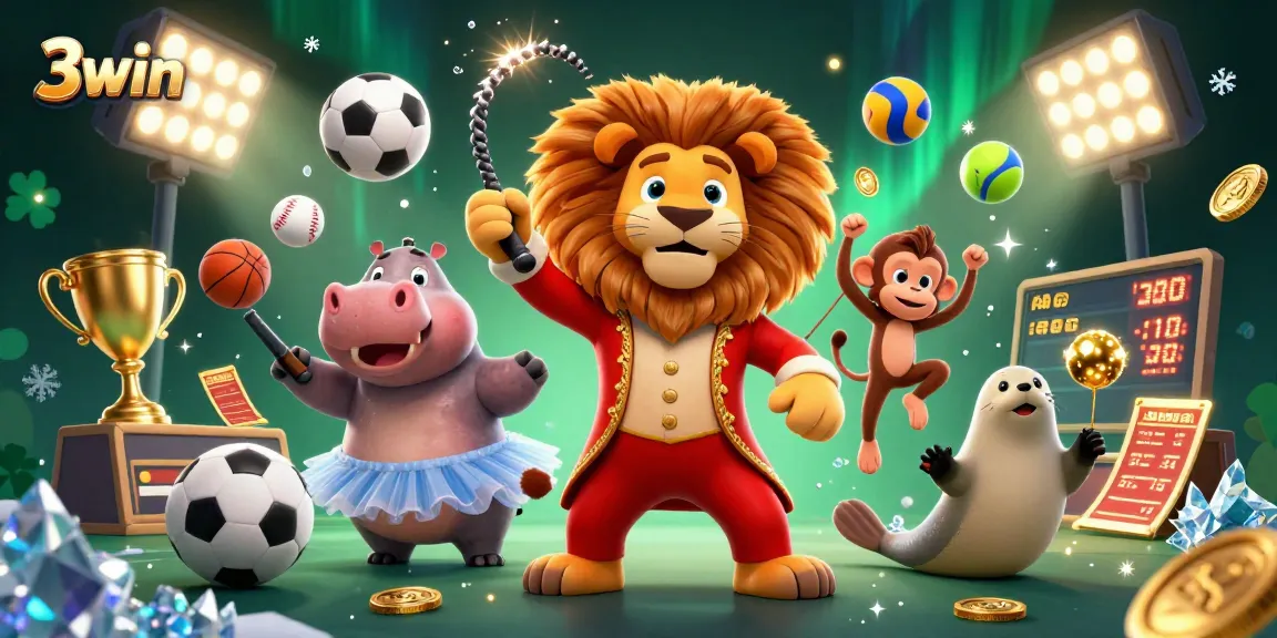 Join the excitement at 3win with a vibrant casino-themed circus featuring dynamic characters and games.
