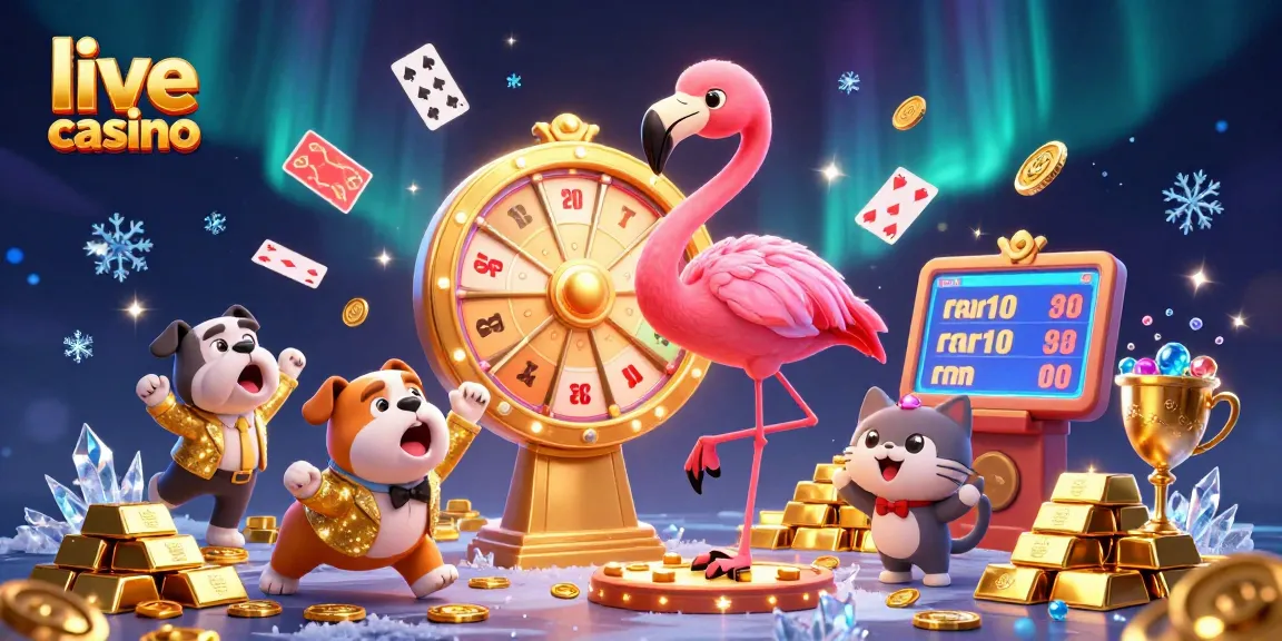 Experience exhilarating live casino action with a game show host flamingo, excited bulldog, and treasure-filled background.