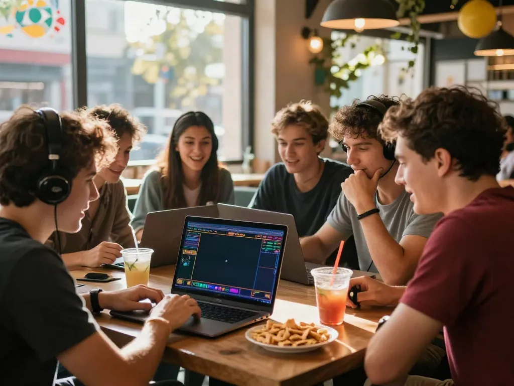 Friends enjoying akunjp online gaming session in a lively café.