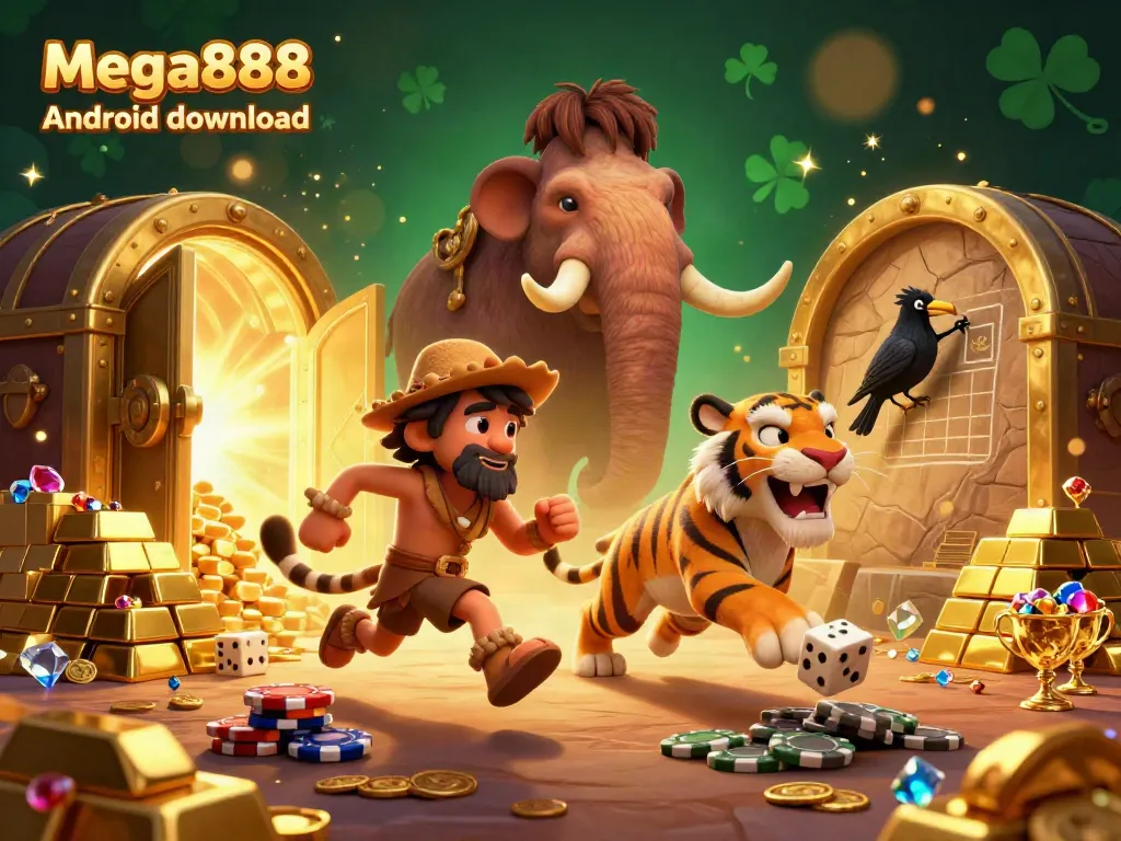 Mega888 Android download features an exciting casino scene with dramatic lighting and characters.