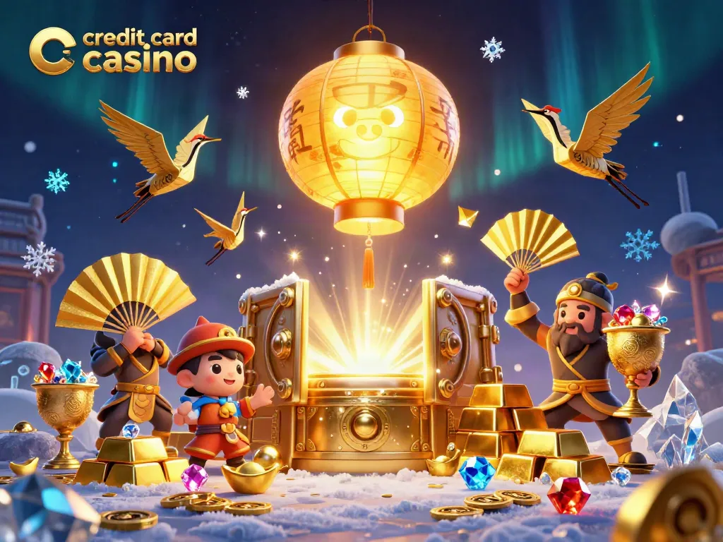 Experience the excitement of a credit card casino with glowing lanterns and golden treasures.