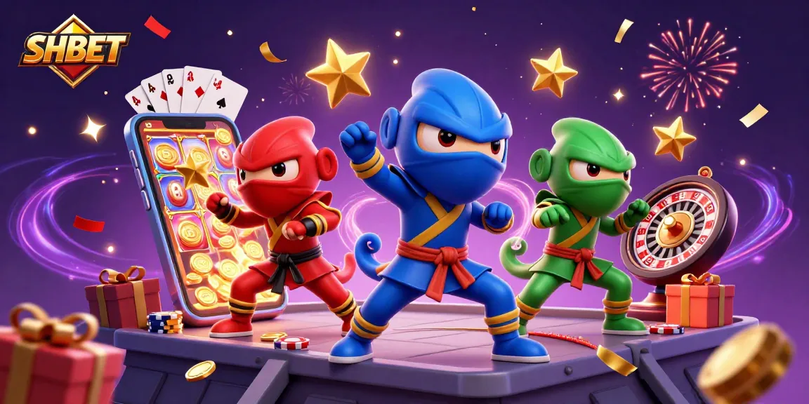 Win big with SHBET as chameleon ninjas celebrate casino games and exciting action.