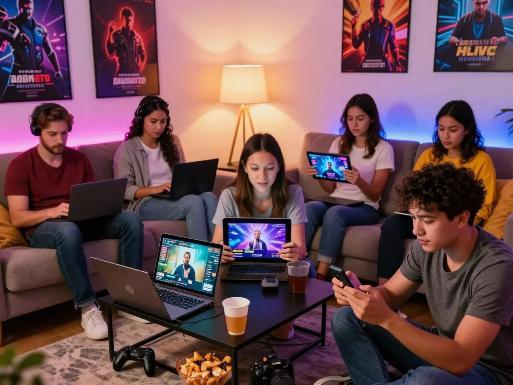 Engaging scene of adults enjoying various porngames in a cozy living room setting.