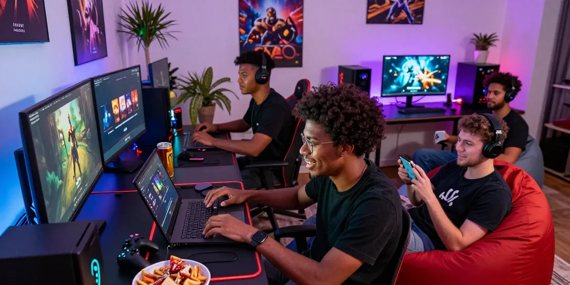 Engaged gamers collaborating on Raja Game login process in a vibrant gaming setup.