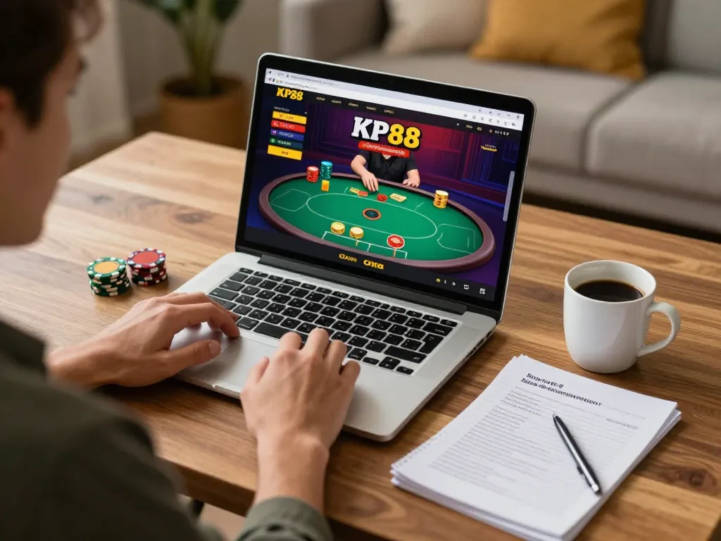 Engaging with KP88 online casino on laptop, showcasing an immersive home gaming atmosphere.