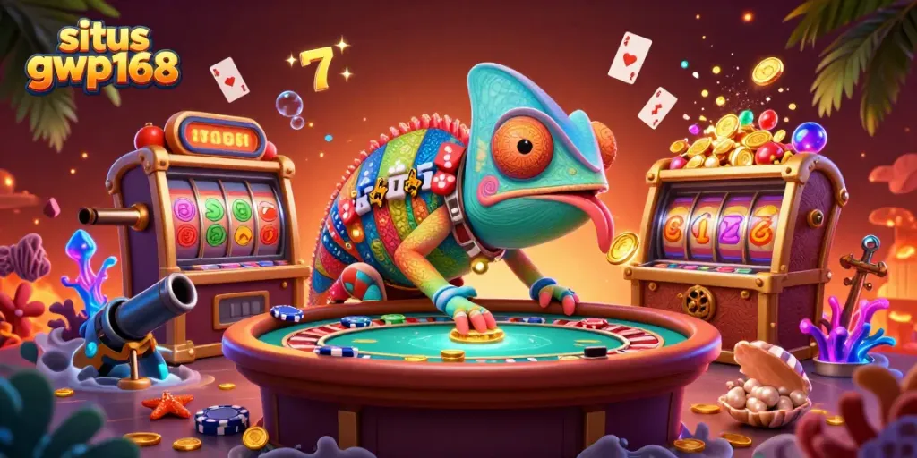Menampilkan situs gwp168 dengan chameleon kasino yang penuh warna, dikelilingi simbol jackpot dan harta karun.