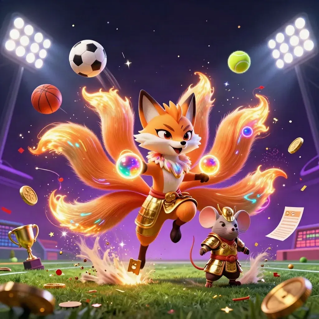 Neon fox spirit and gold-armored mouse amid flying sports balls, coins, and fireworks.