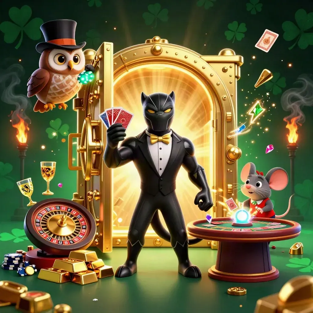 Panther, owl, and mouse raid a glowing vault amid treasure, roulette, cards, and emerald-gold sparks.