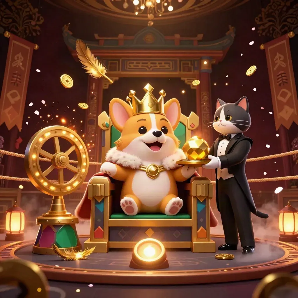 Royal corgi on a chip throne with a cat butler amid gold casino magic and neon light